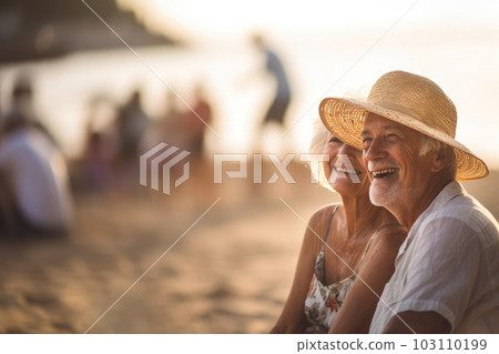 Middle age cuddling couple enjoying time on beach 103110199