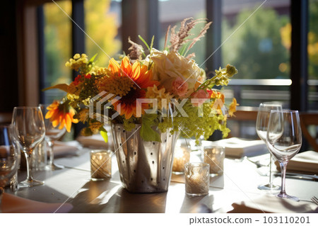 Seasonal table setting with pumpkins and flowers Seasonal table setting with pumpkins and flowers 103110201