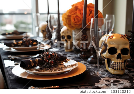 Halloween table setting with pumpkins and skulls 103110213