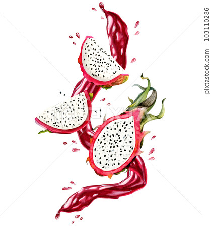 Dragon fruit slices and juice levitation with watercolor splashes and blots illustration. Juicy delicious summer food 103110286