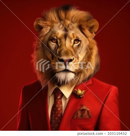 The ultimate predator, dressed in a dapper suit and tie against a red background, exudes confidence, sophistication, and fierce style. AI Generative. The ultimate predator, dressed in a dapper suit and tie against a red background, exudes confidence, sophistication, and fierce style. AI Generative. 103110432