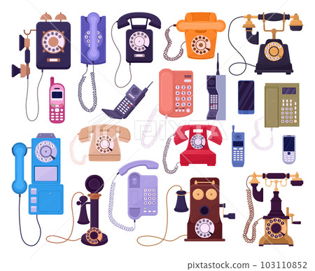 Cartoon vintage phones. Retro cellphone, old vintage wired telephone, classic rotary telephones flat vector illustration set. Old school telephones collection 103110852