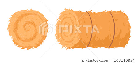 Agricultural rolled haycock. Dry straw stack, bale of hay. Rolled rural haystack, dried farm hay flat vector illustration set 103110854