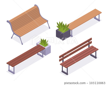 Wooden benches. Isometric garden backyard or city park bench, outdoor furniture with planting of greenery 3d vector illustration set Wooden benches. Isometric garden backyard or city park bench, outdoor furniture with planting of greenery 3d vector illustration set 103110863
