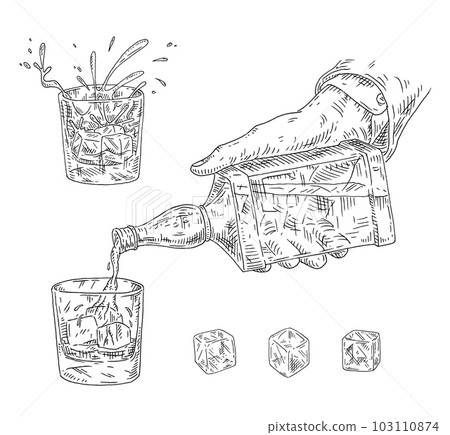 Male hand pours whiskey from bottles into a glass. Vintage vector black engraving Male hand pours whiskey from bottles into a glass. Vintage vector black engraving 103110874