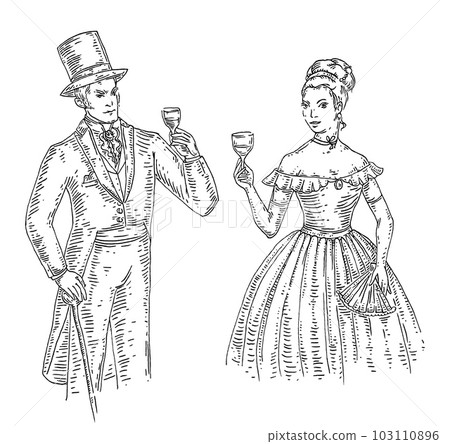 Woman and man holding glass wine. Vintage engraving illustration. Isolated on white Woman and man holding glass wine. Vintage engraving illustration. Isolated on white 103110896