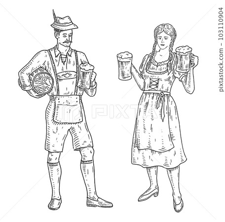 Man wearing traditional Bavarian dress shorts holding beer mug and barrel. Vintage engraving 103110904