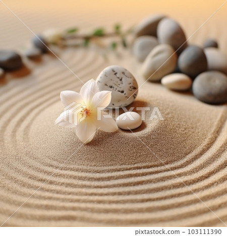 Spa composition with  stones and flower on yellow sand, shallow depth focus. Spa stones and white flower on sand with creative design. Beauty treatments. Health care spa contact. AI generated content. 103111390