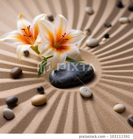 Spa zen composition with stones and flower on yellow sand, shallow depth focus. Spa stones and lily flower on sand with creative design. Beauty treatments. Health care spa contact. AI generated. Spa zen composition with stones and flower on yellow sand, shallow depth focus. Spa stones and lily flower on sand with creative design. Beauty treatments. Health care spa contact. AI generated. 103111391