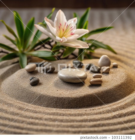 Spa zen composition with stones and flower on yellow sand, shallow depth focus. Spa stones and lily flower on sand with creative design. Beauty treatments. Health care spa contact. AI generated. Spa zen composition with stones and flower on yellow sand, shallow depth focus. Spa stones and lily flower on sand with creative design. Beauty treatments. Health care spa contact. AI generated. 103111392