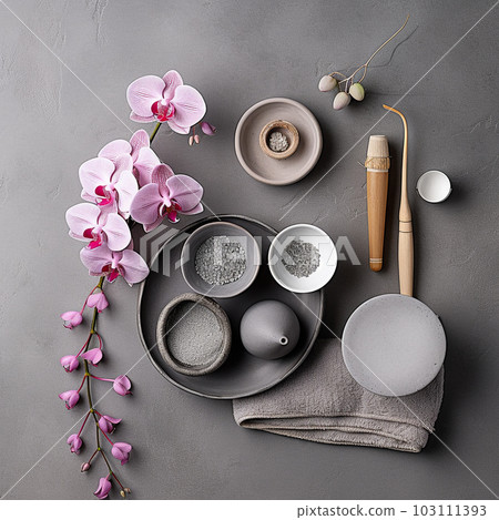 Spa still life, Spa zen composition with orchid flowers, stones and candles on grey background. Health care spa contact. AI generated. Spa still life, Spa zen composition with orchid flowers, stones and candles on grey background. Health care spa contact. AI generated. 103111393