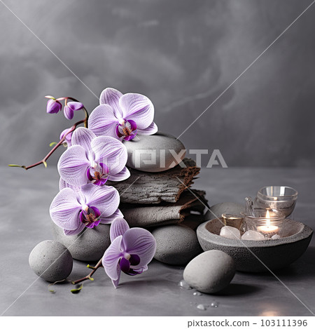 Spa still life, Spa zen composition with orchid flowers, stones and candles on grey background. Health care spa contact. AI generated. Spa still life, Spa zen composition with orchid flowers, stones and candles on grey background. Health care spa contact. AI generated. 103111396
