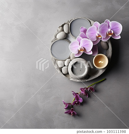 Spa still life, Spa zen composition with orchid flowers, stones and candles on grey background. Health care spa contact. AI generated. Spa still life, Spa zen composition with orchid flowers, stones and candles on grey background. Health care spa contact. AI generated. 103111398