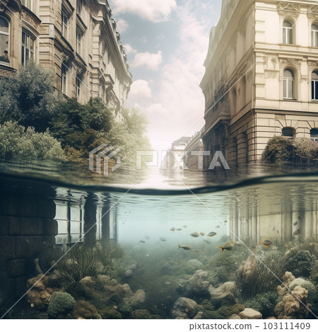 An art composition of a flooded old European city in matte tones. Underwater view through the old buildings in Paris. Illustration of a house half flooded by water. AI generated An art composition of a flooded old European city in matte tones. Underwater view through the old buildings in Paris. Illustration of a house half flooded by water. AI generated 103111409