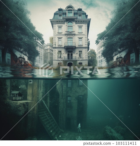 An art composition of a flooded old European city in matte tones. Underwater view through the old buildings in Paris. Illustration of a house half flooded by water. AI generated An art composition of a flooded old European city in matte tones. Underwater view through the old buildings in Paris. Illustration of a house half flooded by water. AI generated 103111411