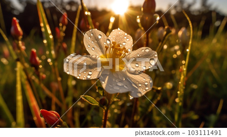 Beautiful purple flower with dew drops in the morning sunlight while sunrise. Beautiful spring meadow flower in the morning, sun rays shining. AI generated content. 103111491
