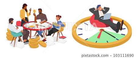 Time Management Concept With Business Team Characters Works At Table Made Of Huge Clock, Cartoon Vector Illustration Time Management Concept With Business Team Characters Works At Table Made Of Huge Clock, Cartoon Vector Illustration 103111690