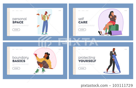 Personal Space Landing Page Template Set. Characters Drawing Boundary That Defines One's Physical And Emotional Comfort Personal Space Landing Page Template Set. Characters Drawing Boundary That Defines One's Physical And Emotional Comfort 103111729