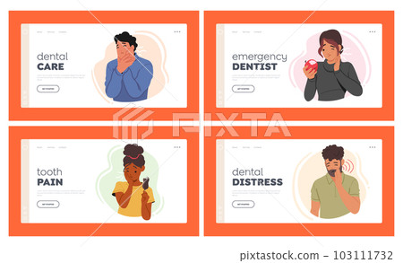Dental Care Landing Page Template Set. Characters Feel Dental Pain Causing Discomfort And Sensitivity, Illustration Dental Care Landing Page Template Set. Characters Feel Dental Pain Causing Discomfort And Sensitivity, Illustration 103111732