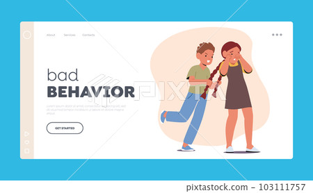 Kid Bad Behavior . Landing Page Template. Playful Boy Character Teasing Girl By Pulling Her Pigtails, Causing To React 103111757