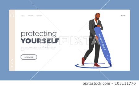 Protecting Yourself Landing Page Template. Man Drawing Circle Around Himself Creating Personal Boundary, Assert Presence Protecting Yourself Landing Page Template. Man Drawing Circle Around Himself Creating Personal Boundary, Assert Presence 103111770