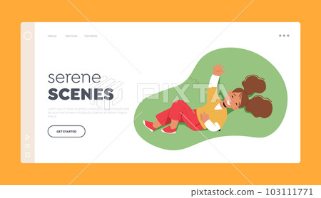 Serene Scenes Landing Page Template. Little Girl Character Lying On Green Meadow, Surrounded By Nature, Enjoying Relax Serene Scenes Landing Page Template. Little Girl Character Lying On Green Meadow, Surrounded By Nature, Enjoying Relax 103111771