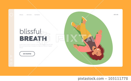 Blissful Breath Landing Page Template. Top View Of Little Girl Resting On Green Meadow, Enjoying Nature 103111778