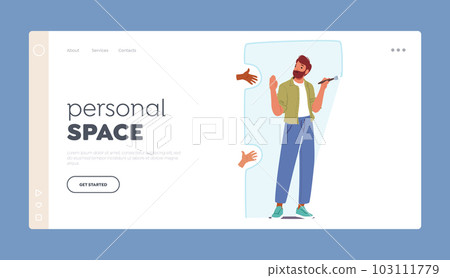 Personal Space Landing Page Template. Man Drawing Protective Border Around Himself, Creating A Boundary Of Safety 103111779