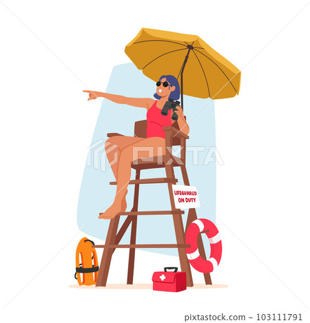 Vigilant Lifeguard Woman Character On Tower, Equipped With Binoculars, Ensures Safety And Scans The Surroundings Vigilant Lifeguard Woman Character On Tower, Equipped With Binoculars, Ensures Safety And Scans The Surroundings 103111791