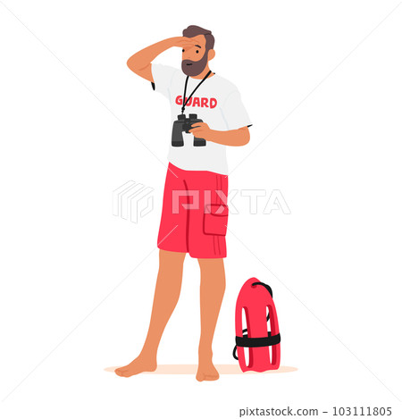 Vigilant Lifeguard Male Character Scanning With Binoculars For Potential Dangers And Emergencies, Ensuring Safety 103111805