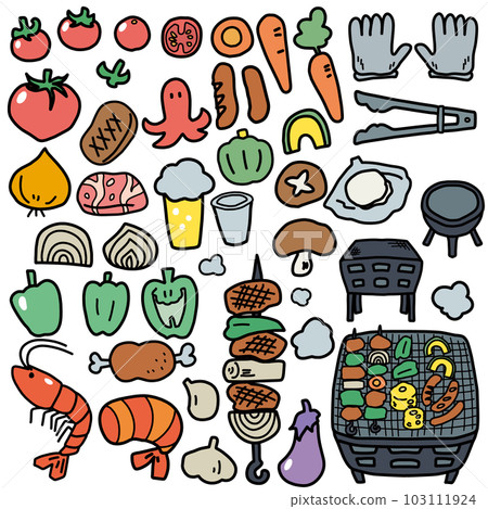 Color illustration set of small items such as ingredients inspired by barbecue Color illustration set of small items such as ingredients inspired by barbecue 103111924