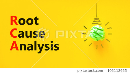 RCA root cause analysis symbol. Concept words RCA root cause analysis on yellow paper. Beautiful yellow table yellow background. Business and RCA root cause analysis concept. Copy space. 103112635