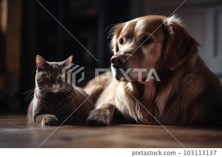 Friendly purebred cat and dog sit in the kitchen. Generative AI. 103113137