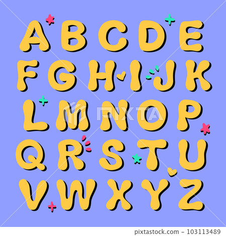 Yellow cartoon doodle english alphabet. Hand draw font in retro style. Vector illustration 103113489