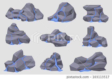 Water spreading over the surface of the stones. Waterfall on different rocky surfaces. Water streams on cracked stone or rocks surface. 103113517