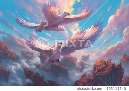 Fantasy mystical Cloudlands capable of harnessing the power of clouds to create mesmerizing aerial displays illustration generative ai Fantasy mystical Cloudlands capable of harnessing the power of clouds to create mesmerizing aerial displays illustration generative ai 103113840