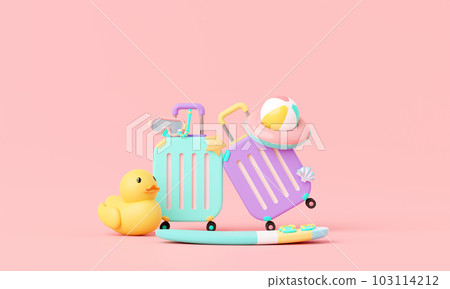 Summer time pink vacation beach with Minimal suitcase luggage, inflatable rings, other elements background concept, Display for Product mockup with summer pink theme. minimal cute design. 3d render. 103114212
