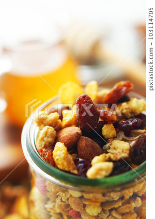 fruit granola and honey 103114705