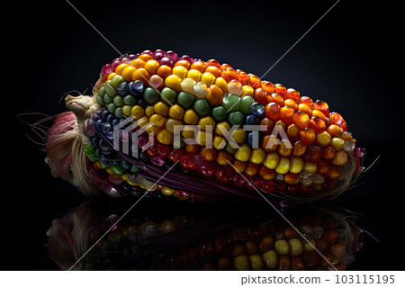 Colored corn cobs. Cereals and grain culture. Multicolored corn background. Variegated corn texture. corn cobs different colors. Organic farm bio vegetables. 103115195