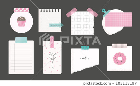 Set of bright various paper sticky notes, schedule, to-do list, planner, memories, office stickers vector illustrations. Cute memo templates, . 103115197