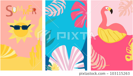 An imaginative backdrop featuring a picturesque seaside landscape, a vibrant sun, flamboyant foliage, and the playful presence of a flamingo. A collection of summer-themed posters. Vector 103115263