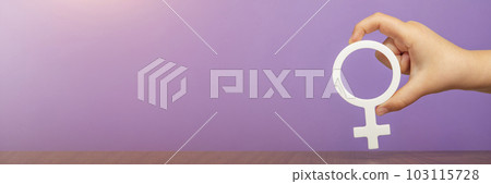 Gender symbol of a woman. Woman symbol in hands on purple background with copy space. The concept of a woman leader or gender equality. 103115728