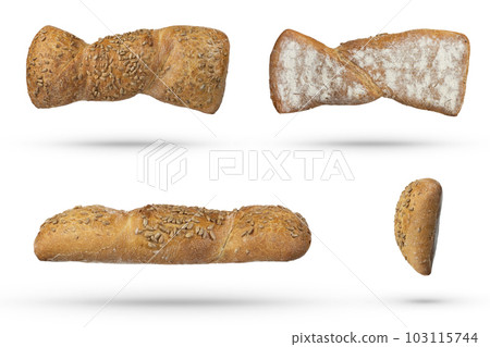 Set of loaves of fresh bread on a white isolated background. Side, top, bottom view. Fresh bread to insert into a project or design. Fresh bread with seeds and full grains casts a shadow under it. Set of loaves of fresh bread on a white isolated background. Side, top, bottom view. Fresh bread to insert into a project or design. Fresh bread with seeds and full grains casts a shadow under it. 103115744