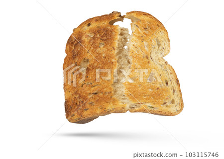 The isolate of a slice of white bread is broken into two parts. Toaster fried bread isolated on white background. The concept of a small, dietary crispy breakfast. The isolate of a slice of white bread is broken into two parts. Toaster fried bread isolated on white background. The concept of a small, dietary crispy breakfast. 103115746