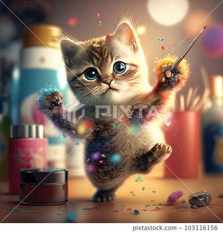 Cute fluffy kitten playing with the makeup. Colorful cosmetics and funny cat. Generated AI. Cute fluffy kitten playing with the makeup. Colorful cosmetics and funny cat. Generated AI. 103116156