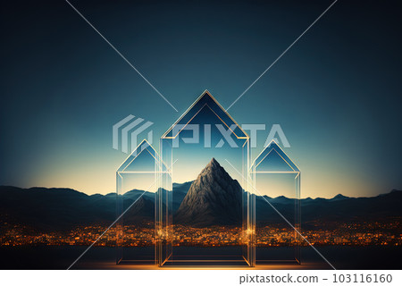 Glass architecture in the mountain landscape. Architectural abstraction combined with nature. Generated AI. Glass architecture in the mountain landscape. Architectural abstraction combined with nature. Generated AI. 103116160