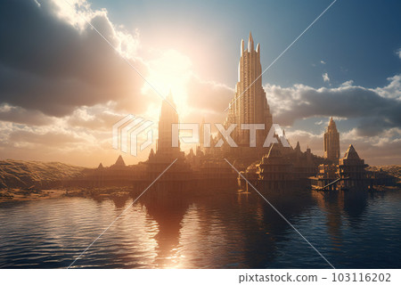 Fantasy city surrounded by river on the sunny landscape. Ancient castle in morning sun rays. Generated AI. 103116202