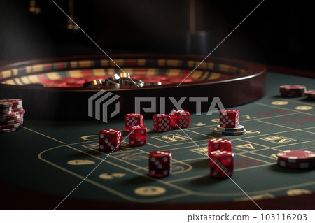 Casino concept with abstract gambling objects. Dark casino room with roulette, cards and dices. Generative AI. 103116203
