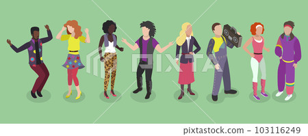 3D Isometric Flat Vector Set of People with 90s Outfit 103116249
