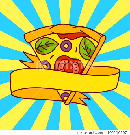 Tasty Italian pizza slice emblem. Delicious fast food meal. Illustration for cafe menu. Tasty Italian pizza slice emblem. Delicious fast food meal. Illustration for cafe menu. 103116307